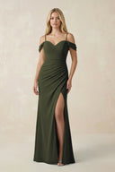 Olive Off-the-Shoulder Sheath Chiffon Ruched Bridesmaid Dress | KISSBRIDAL
