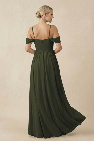 Olive Off-the-Shoulder Sweetheart A-Line Chiffon Bridesmaid Dress (2) | KISSBRIDAL