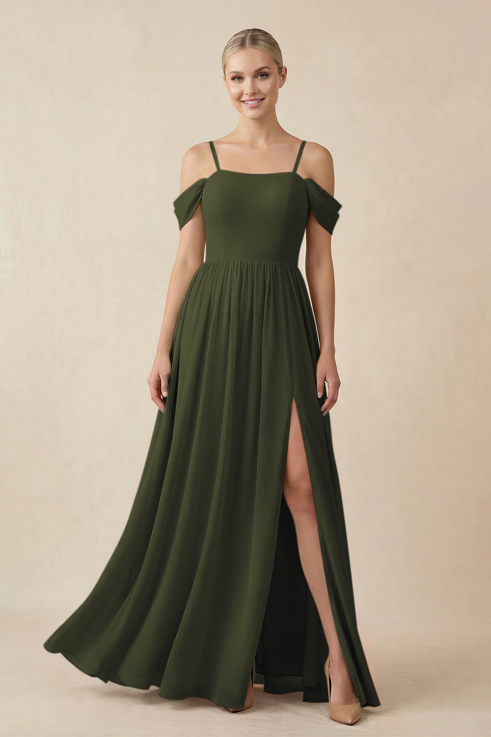 Off-the-Shoulder Sweetheart A-Line Chiffon Bridesmaid Dress in Olive