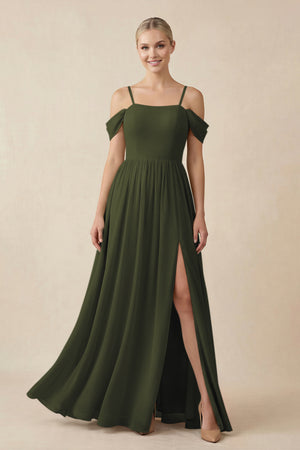 Olive Off-the-Shoulder Sweetheart A-Line Chiffon Bridesmaid Dress | KISSBRIDAL