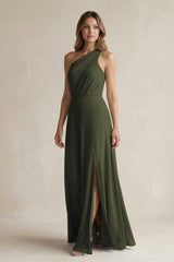 Olive One-Shoulder Chiffon A-Line Bridesmaid Dress With Slit | KISSBRIDAL