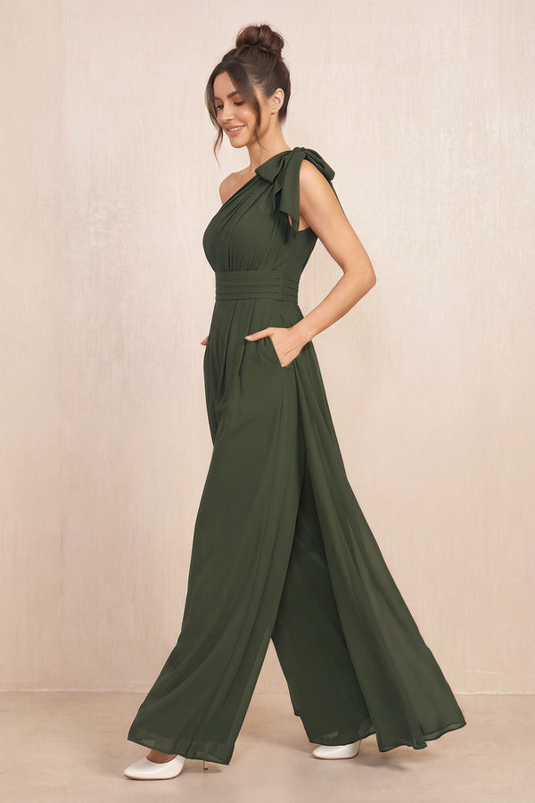 Olive One-Shoulder Chiffon Mother of the Bride Jumpsuits (3) | KISSBRIDAL
