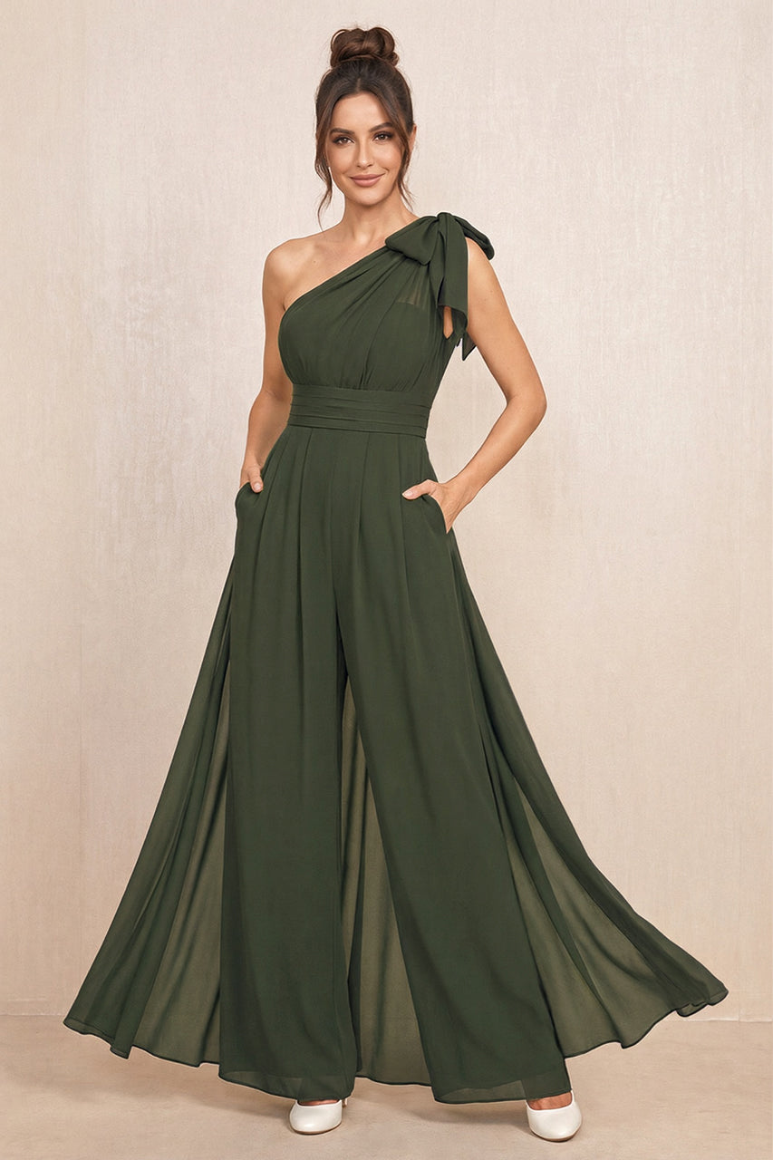 Olive One-Shoulder Chiffon Mother of the Bride Jumpsuits