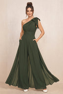 Olive One-Shoulder Chiffon Mother of the Bride Jumpsuits | KISSBRIDAL