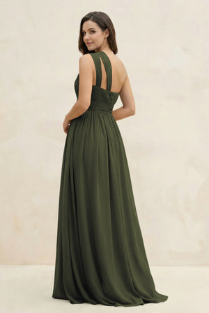 Olive One-Shoulder Pleated A-Line Chiffon Bridesmaid Dress (2) | KISSBRIDAL
