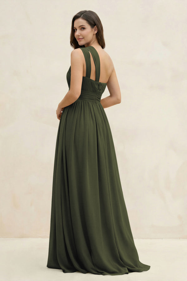 Olive One-Shoulder Pleated A-Line Chiffon Bridesmaid Dress (2) | KISSBRIDAL