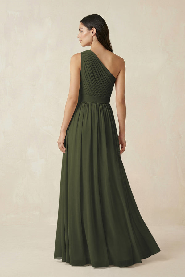Olive One-Shoulder Pleated Chiffon Bridesmaid Gown (2) | KISSBRIDAL
