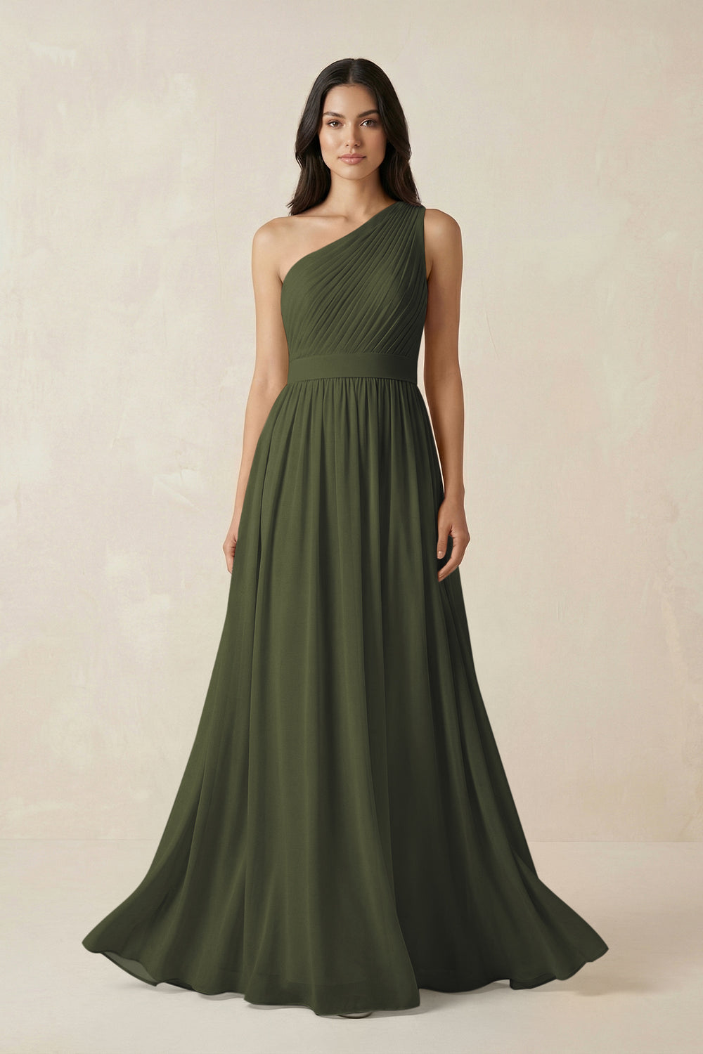 One-Shoulder Pleated Chiffon Bridesmaid Gown in Olive