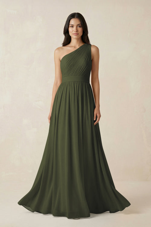 Olive One-Shoulder Pleated Chiffon Bridesmaid Gown | KISSBRIDAL