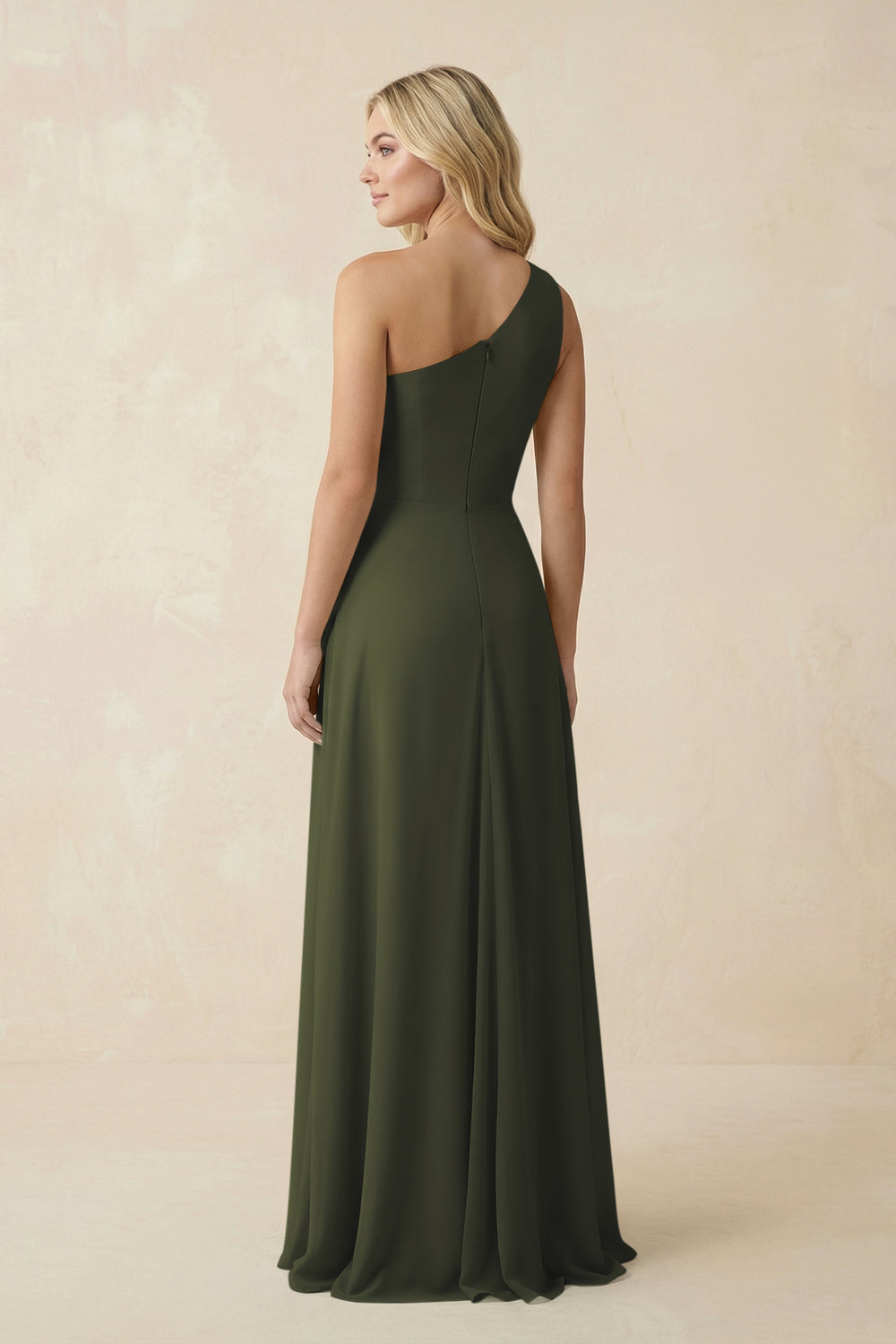 One-Shoulder Ruched A-Line Chiffon Bridesmaid Dress in Olive