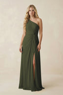 Olive One-Shoulder Ruched A-Line Chiffon Bridesmaid Dress | KISSBRIDAL