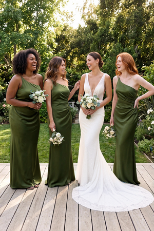 Olive One-Shoulder Sheath Ruched Bridesmaid Dress | KISSBRIDAL