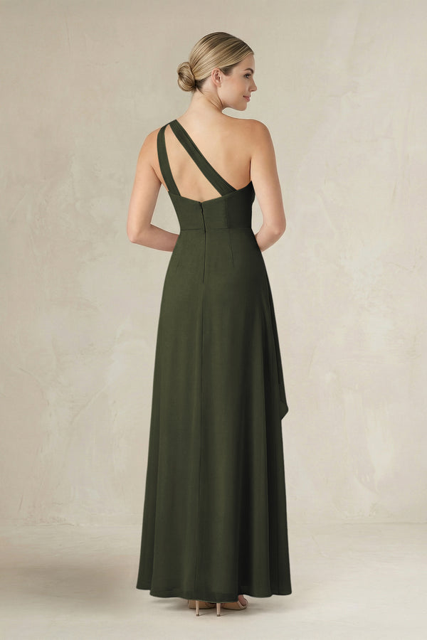 Olive One-Shoulder Sheath Ruched Ruffled Bridesmaid Dress in Olive (2) | KISSBRIDAL