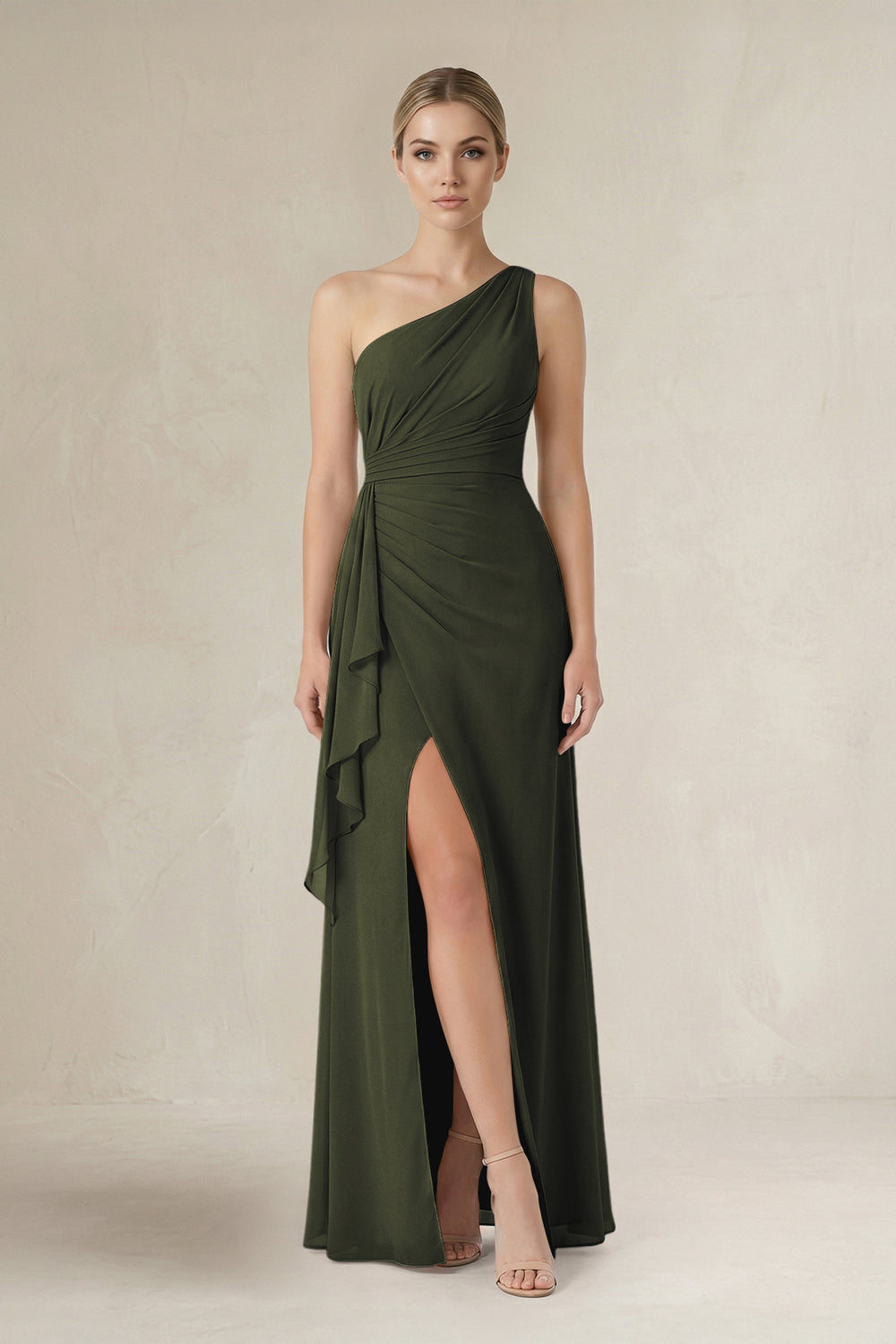 One-Shoulder Sheath Ruched Ruffled Bridesmaid Dress in Olive