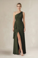 Olive One-Shoulder Sheath Ruched Ruffled Bridesmaid Dress in Olive | KISSBRIDAL