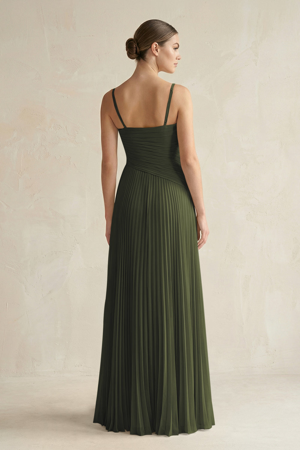 Pleated A-Line Long Chiffon Bridesmaid Dress in Olive
