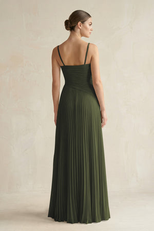 Olive Pleated A-Line Long Chiffon Bridesmaid Dress (2) | KISSBRIDAL
