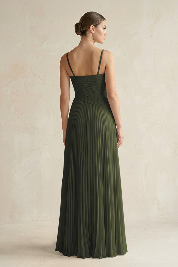 Olive Pleated A-Line Long Chiffon Bridesmaid Dress (2) | KISSBRIDAL