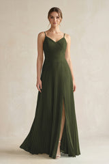 Olive Pleated A-Line Long Chiffon Bridesmaid Dress | KISSBRIDAL