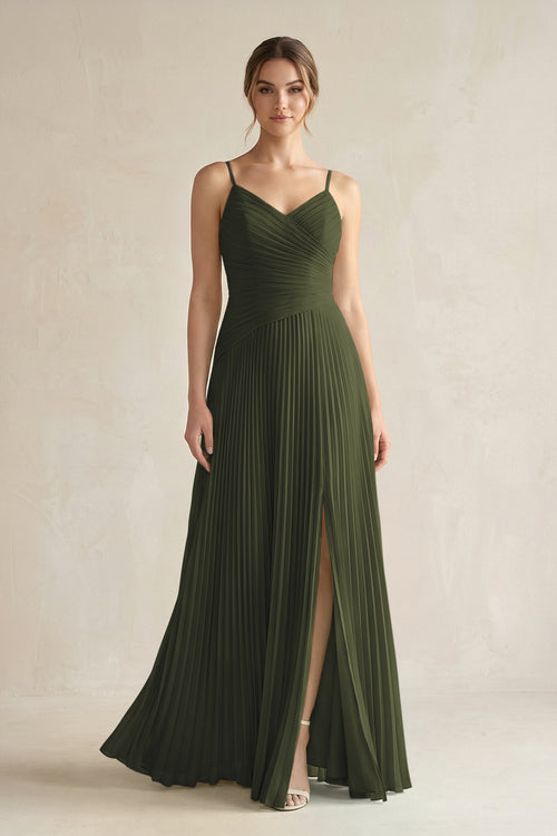Olive Pleated A-Line Long Chiffon Bridesmaid Dress | KISSBRIDAL