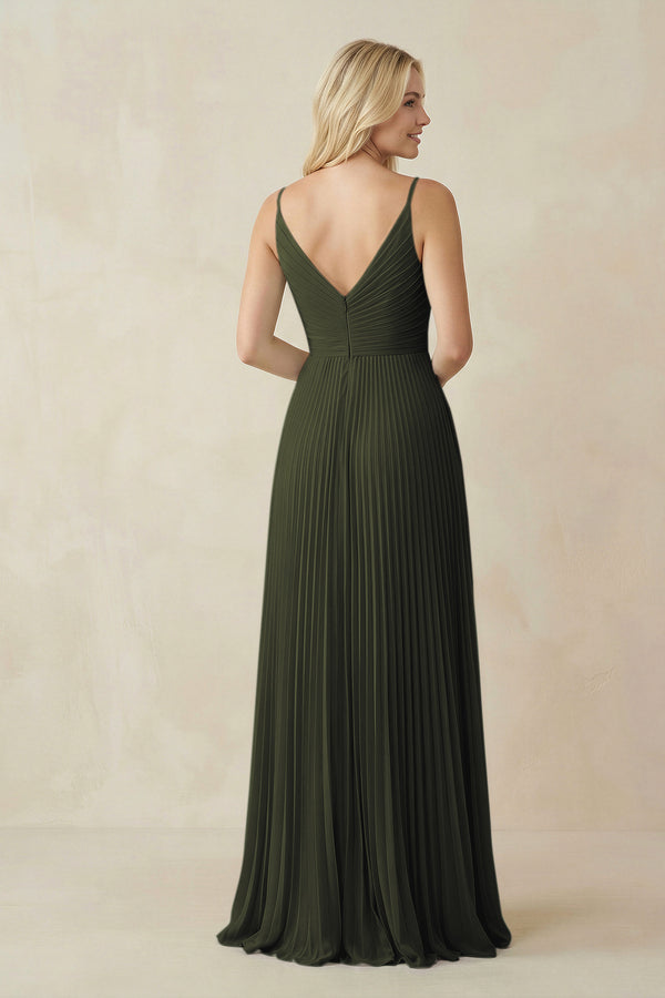 Olive Pleated V-Neck A-Line Chiffon Bridesmaid Dress (2) | KISSBRIDAL