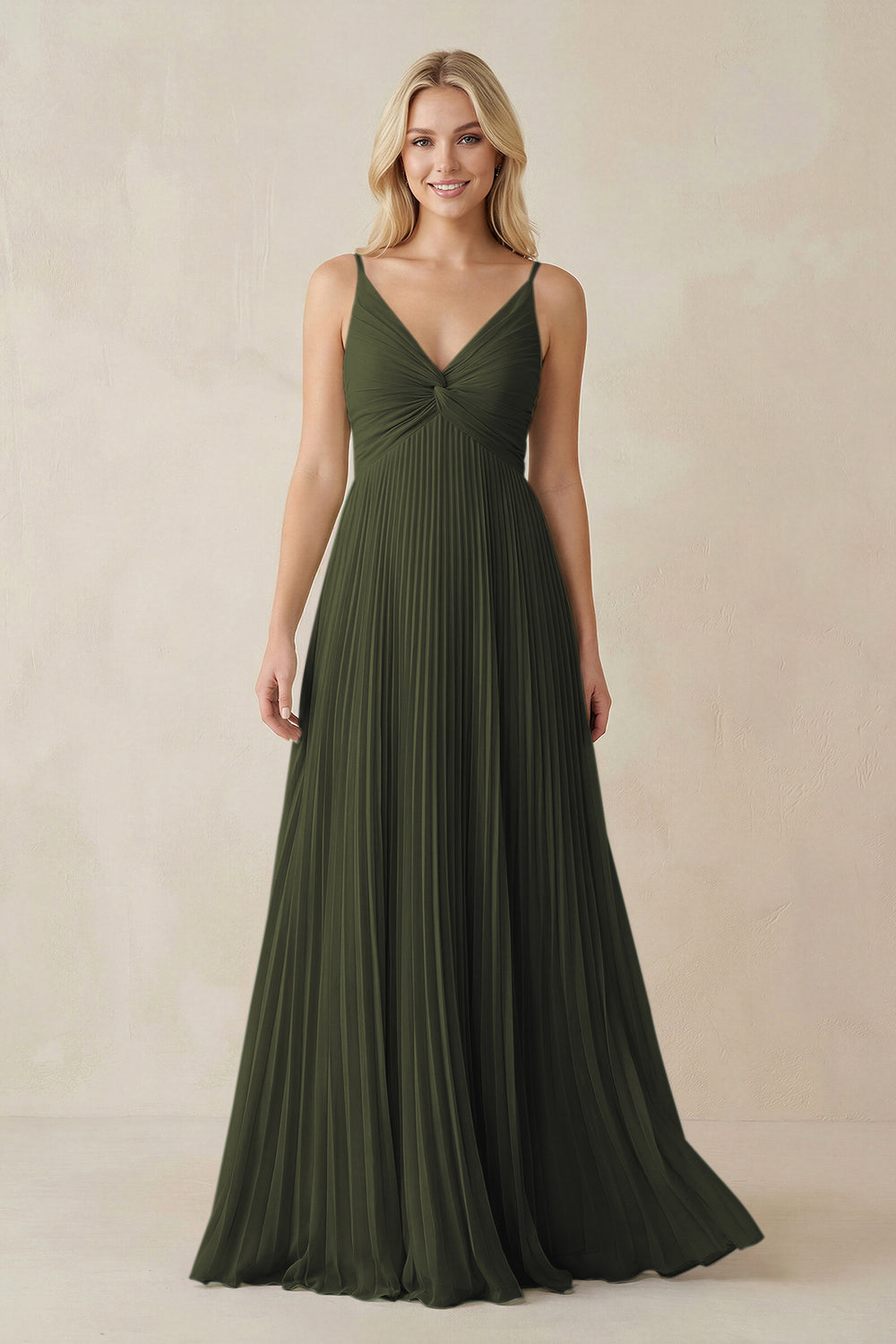 Pleated V-Neck A-Line Chiffon Bridesmaid Dress in Olive