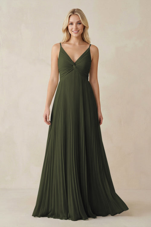 Olive Pleated V-Neck A-Line Chiffon Bridesmaid Dress | KISSBRIDAL