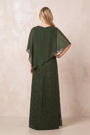 Olive Round Neck Lace Sheath Chiffon Cape Sleeves Mother of the Bride Dress (2) | KISSBRIDAL