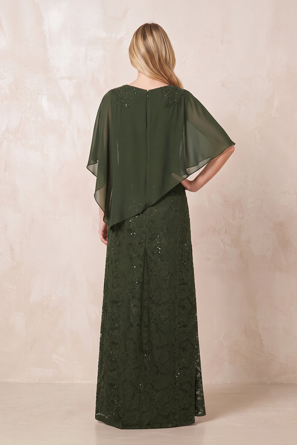 Olive Round Neck Lace Sheath Chiffon Cape Sleeves Mother of the Bride Dress (2) | KISSBRIDAL