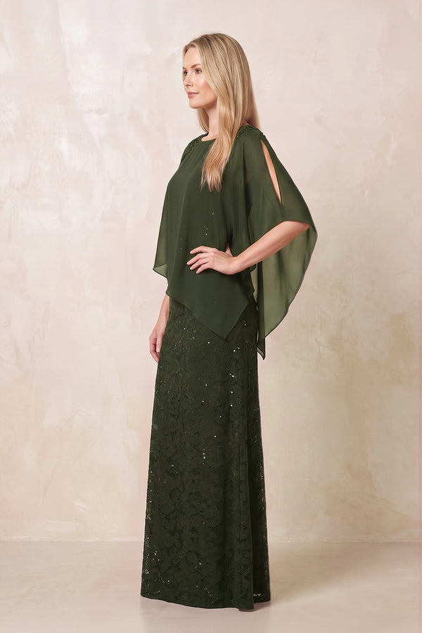 Olive Round Neck Lace Sheath Chiffon Cape Sleeves Mother of the Bride Dress (3) | KISSBRIDAL