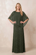 Olive Round Neck Lace Sheath Chiffon Cape Sleeves Mother of the Bride Dress | KISSBRIDAL