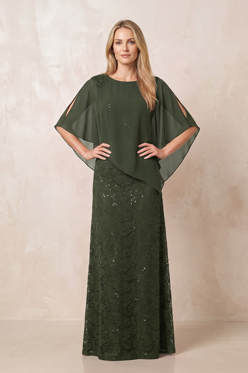 Olive Round Neck Lace Sheath Chiffon Cape Sleeves Mother of the Bride Dress | KISSBRIDAL