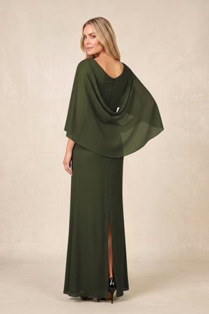 Olive Round Neck Sheath Chiffon Cape Sleeves Ruched Mother of the Bride Dress (2) | KISSBRIDAL