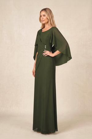 Olive Round Neck Sheath Chiffon Cape Sleeves Ruched Mother of the Bride Dress (3) | KISSBRIDAL