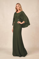 Olive Round Neck Sheath Chiffon Cape Sleeves Ruched Mother of the Bride Dress | KISSBRIDAL