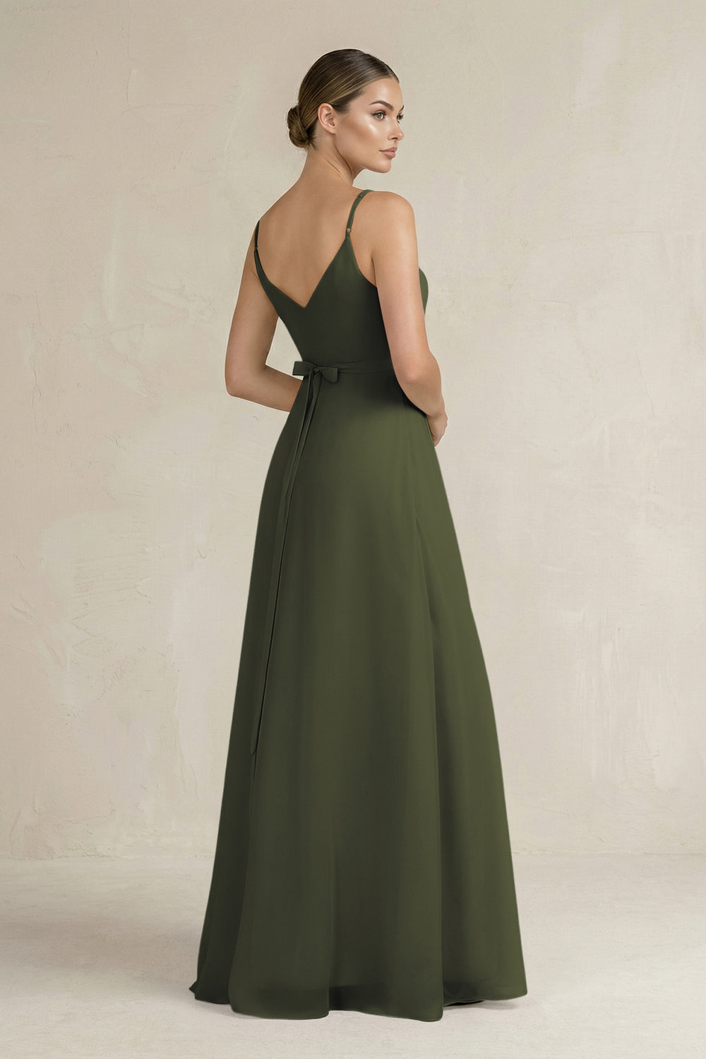 Ruched A-Line Chiffon Bridesmaid Dress with Slit in Olive