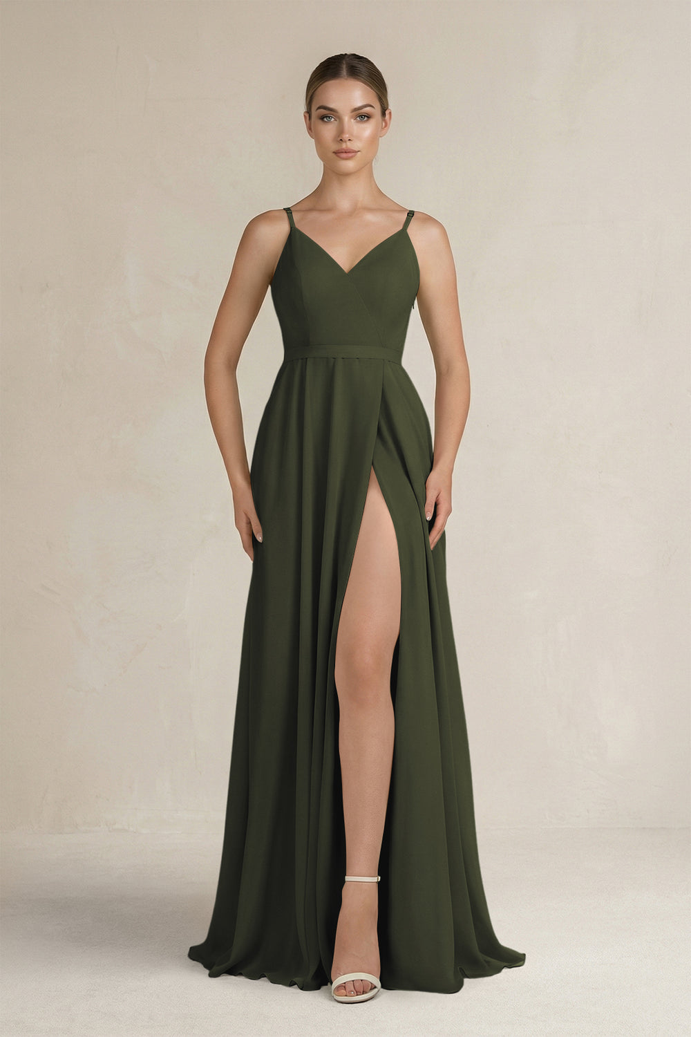 Ruched A-Line Chiffon Bridesmaid Dress with Slit in Olive