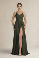 Olive Ruched A-Line Chiffon Bridesmaid Dress with Slit | KISSBRIDAL