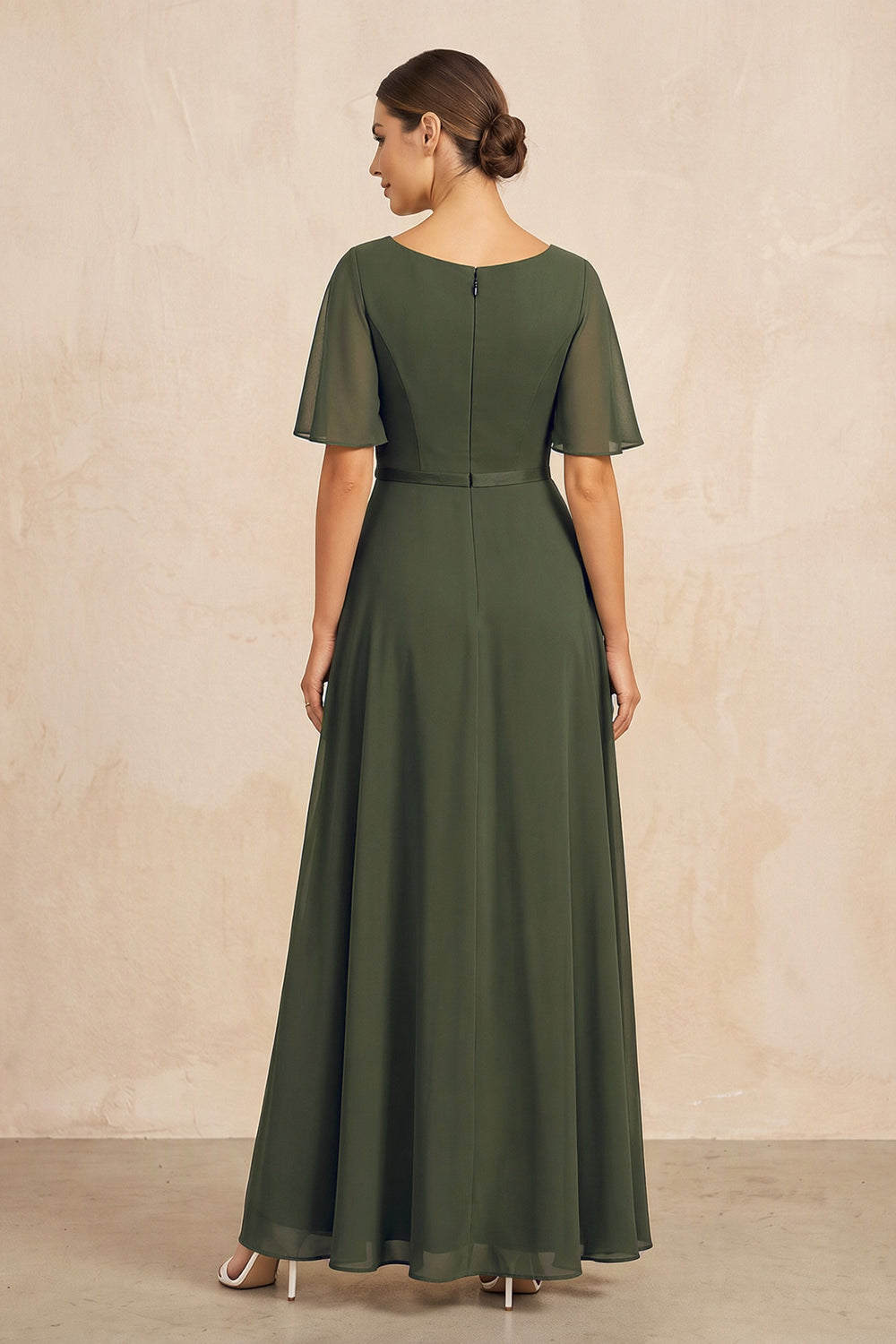 Olive Ruched A-Line Chiffon V-Neck Mother of the Bride Dress with Sleeves
