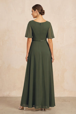 Olive Ruched A-Line Chiffon V-Neck Mother of the Bride Dress with Sleeves (2) | KISSBRIDAL