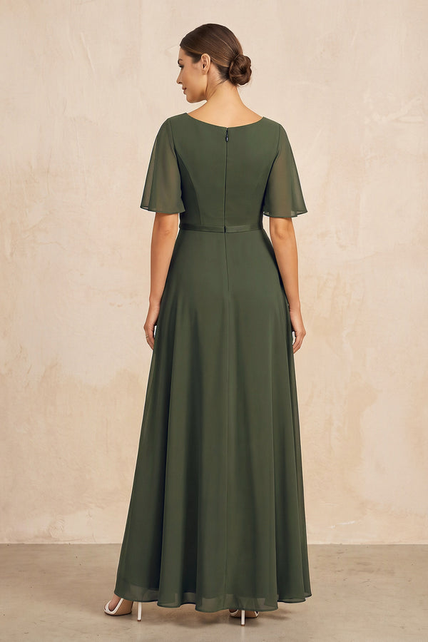 Olive Ruched A-Line Chiffon V-Neck Mother of the Bride Dress with Sleeves (2) | KISSBRIDAL