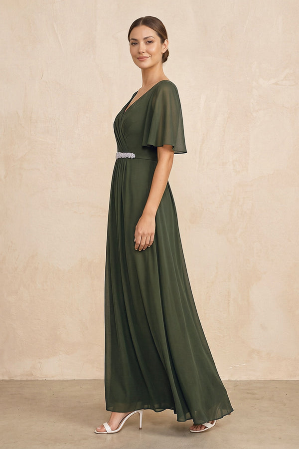 Olive Ruched A-Line Chiffon V-Neck Mother of the Bride Dress with Sleeves (3) | KISSBRIDAL
