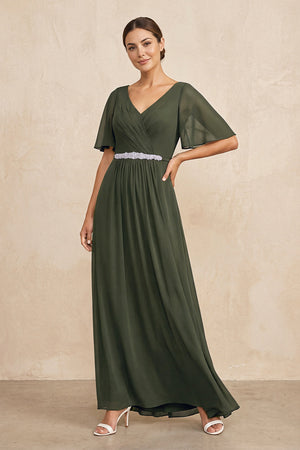 Olive Ruched A-Line Chiffon V-Neck Mother of the Bride Dress with Sleeves | KISSBRIDAL