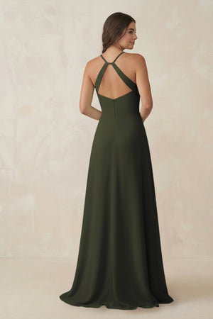 Olive Ruched Sheath Chiffon Bridesmaid Dress (2) | KISSBRIDAL