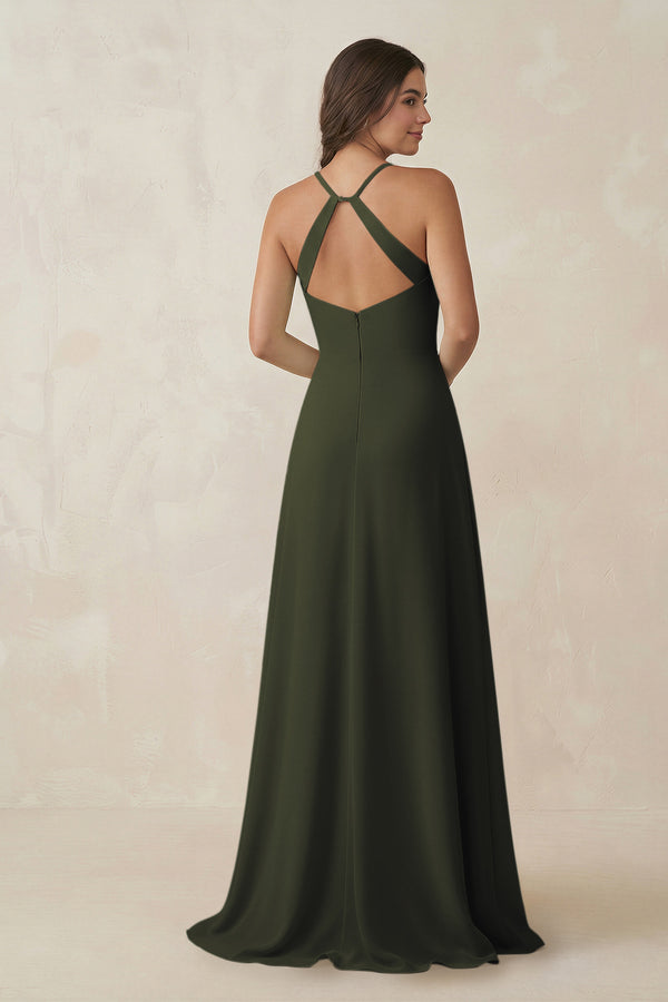 Olive Ruched Sheath Chiffon Bridesmaid Dress (2) | KISSBRIDAL