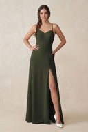 Olive Ruched Sheath Chiffon Bridesmaid Dress | KISSBRIDAL