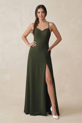 Olive Ruched Sheath Chiffon Bridesmaid Dress | KISSBRIDAL