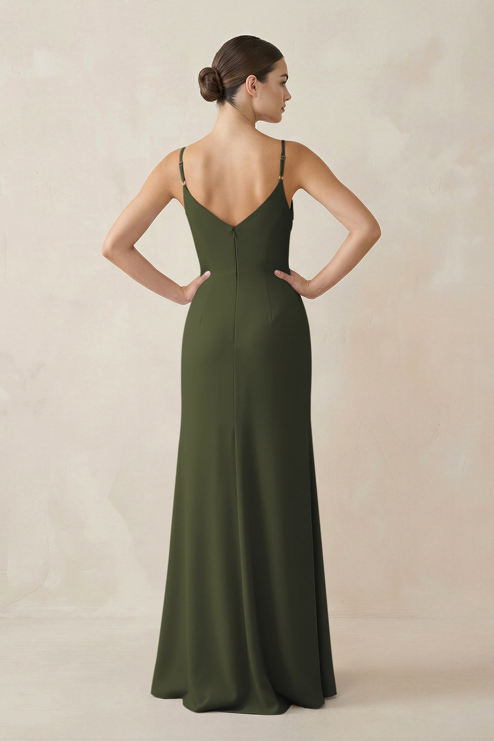 Ruched Sheath Spaghetti Strap Chiffon Bridesmaid Dress in Olive