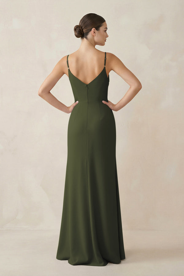 Olive Ruched Sheath Spaghetti Strap Chiffon Bridesmaid Dress (2) | KISSBRIDAL