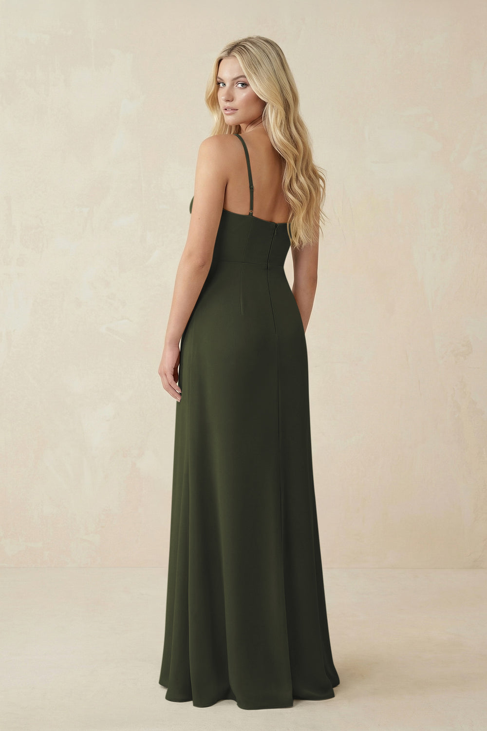 Ruched Sheath Spaghetti Strap Chiffon Bridesmaid Dress in Olive